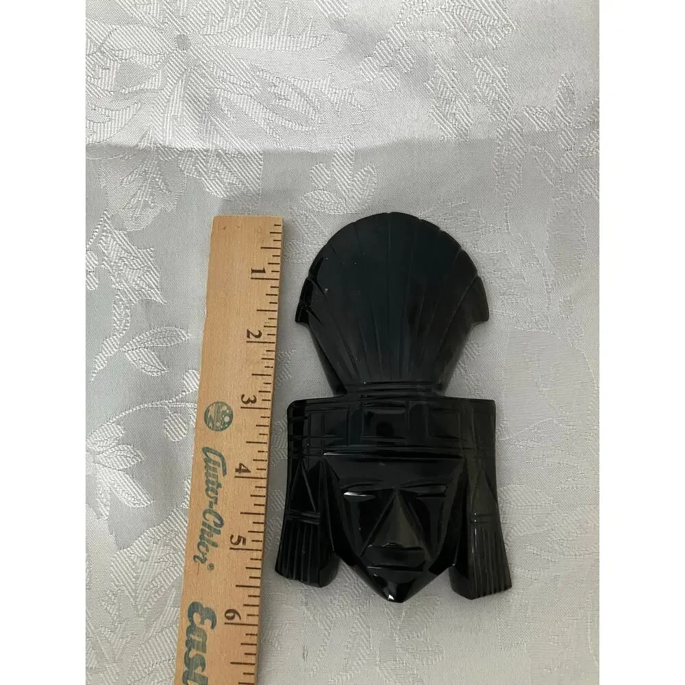 Hand Carved Obsidian Warrior Head Paperweight Mexico Aztec Mayan Style Statue